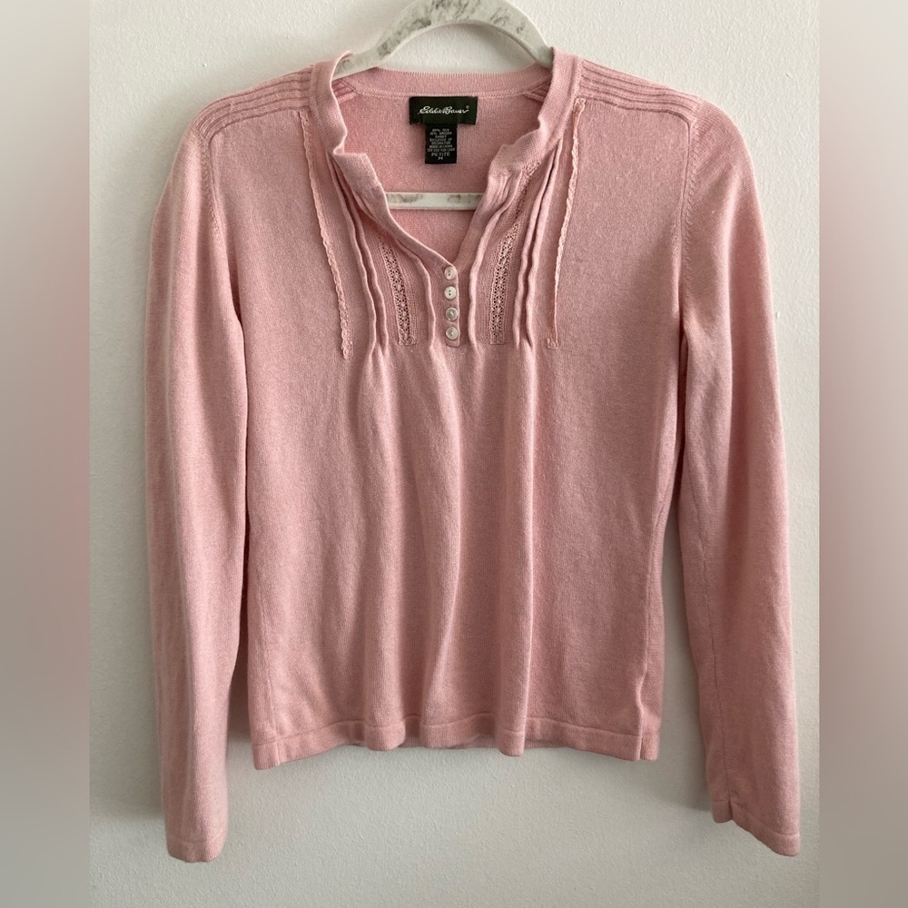 Vintage Eddie Bauer Long Sleeve Top Silk Angora Baby Pink Size MP Preppy